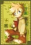  1boy blonde_hair blue_eyes blush itaru jacket kagamine_len male mouth_hold pocky sitting solo vocaloid young 