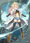  1girl :d black_legwear blonde_hair blue_eyes bustier coat dual_wielding goggles goggles_on_head magic_circle open_mouth pixiv_fantasia pixiv_fantasia_new_world pointy_ears short_shorts shorts smile tagme thigh-highs yagisaka_seto 