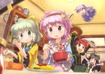  &gt;_&lt; :d alternate_hairstyle animal_ears black_hair black_wings blush bow cat_ears cooking fang food fork green_eyes green_hair hair_bow hairband halo heart kaenbyou_rin komeiji_koishi komeiji_satori kurotama_(avino) ladle multiple_girls omurice open_mouth pink_eyes pink_hair plate ponytail pot purple_hair red_eyes redhead reiuji_utsuho smile spoon third_eye touhou violet_eyes wings zombie_fairy 