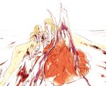 2girls blonde_hair blood character_request closed_eyes hooreng league_of_legends long_hair lying multiple_girls on_back simple_background white_background wings 
