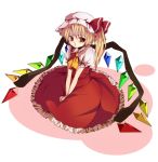  1girl :t ascot blonde_hair flandre_scarlet hands_in_lap hands_together hat hat_ribbon looking_at_viewer mob_cap nonomichi pout puffy_short_sleeves puffy_sleeves red_eyes ribbon short_hair short_sleeves side_ponytail simple_background sitting skirt skirt_set solo tears touhou v_arms white_background wings 
