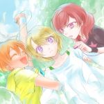  3girls brown_hair eyes_closed hair_between_eyes hoshizora_rin ishikawa_yuga koizumi_hanayo love_live!_school_idol_project multiple_girls nishikino_maki open_mouth orange_hair outdoors purple_eyes red_hair redhead short_hair violet_eyes 