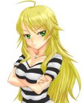  1girl :t ahoge av_(artist) blonde_hair breasts cleavage collarbone crossed_arms frown green_eyes hoshii_miki idolmaster jewelry long_hair necklace shirt solo striped striped_shirt white_background 