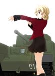  1girl blonde_hair blue_eyes braid darjeeling dressing girls_und_panzer highres military military_vehicle sasaki_akira_(ugc) short_hair skirt smile solo tank uniform vehicle 