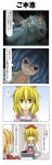  3girls 4koma apron bag blonde_hair blue_dress blue_eyes blue_hair bow brown_hair comic dress flower hair_ornament highres kaku_seiga long_image multicolored_hair multiple_girls open_mouth open_vest purse rapattu register sash shaded_face shawl smirk sweatdrop tall_image toramaru_shou touhou translated two-tone_hair yellow_eyes 