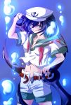  1girl anchor arm_up belt black_hair blue_eyes bubble highres kokuri looking_at_viewer midriff mound_of_venus murasa_minamitsu navel neckerchief open_shorts sailor_cap sailor_dress short_hair short_sleeves shorts smile solo touhou underwater 