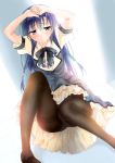  1boy arms_up black_hair black_legwear blush bulge kokura_asahi long_hair panties panties_under_pantyhose pantyhose thighband_pantyhose trap tsuki_ni_yorisou_otome_no_sahou underwear violet_eyes yu_yu 