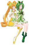  2girls :d akimoto_komachi blush closed_eyes cup cure_mint cure_rosetta dokidoki!_precure drinking green_hair long_hair marblewars multiple_girls open_mouth orange_hair precure simple_background sitting smile tea teacup twintails white_background yes!_precure_5 yes!_precure_5_gogo! yotsuba_alice 