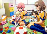  1girl 3boys ball black_hair blonde_hair blue_eyes blush brown_hair child closed_eyes inazuma_eleven_(series) inazuma_eleven_go inazuma_eleven_go_chrono_stone jeanne_d&#039;arc_(inazuma_eleven) kirino_ranmaru lightning_bolt multiple_boys oda_nobunaga_(inazuma_eleven) open_mouth pink_hair raimon red_eyes shindou_takuto shiramomo sitting soccer_ball soccer_uniform stuffed_animal stuffed_toy telstar twintails unmoving_pattern wonderbat 