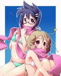  2girls bikini black_hair blush_stickers brown_hair ezaki_hitomi glasses highres matatabi_(2ccp) multiple_girls saki saki_achiga-hen scarf swimsuit violet_eyes yasukouchi_yoshiko 