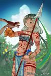  1girl bird blue_eyes bodypaint bracelet clouds earrings gonzales_rocky jewelry loincloth long_hair midriff navel polearm single_glove sky solo soukoku_no_regalia spear tribal weapon 