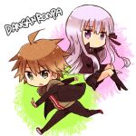  1boy 1girl ahoge braid brown_hair chibi dangan_ronpa expressionless gloves green_eyes hime_cut hoodie jacket kirigiri_kyouko kneehighs lavender_hair long_hair naegi_makoto open_mouth running side_braid simple_background sitting title_drop violet_eyes 