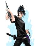  1boy belt black_hair casual facial_mark indesign katana kunai onepunch_man onsoku_no_sonic solo sword violet_eyes weapon 