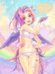  1girl animal_ears bikini clouds colored_eyelashes english facial_mark flyleaf forehead_mark gloves heart multicolored_hair open_mouth original panties rainbow side-tie_panties signature sky solo sparkle swimsuit tail tattoo underwear violet_eyes white_bikini wings 