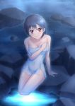  1girl blue_hair breasts cleavage highres naked_towel night onsen short_hair sitting smile solo takuya_kame towel violet_eyes water 