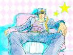  1boy argyle argyle_background blue_hair casual chain gakuran hat iduki-daku jojo_no_kimyou_na_bouken kuujou_joutarou school_uniform sitting solo star 