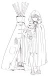  1girl bbb_(friskuser) braid cape glasses highres hood hyouka juumonji_kaho lineart long_hair mole monochrome school_uniform teepee tent 