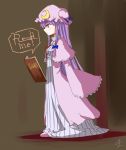  1girl book crescent dress hair_ribbon hat long_hair miyo_(ranthath) patchouli_knowledge purple_hair ribbon sleeves_past_wrists solo touhou violet_eyes wide_sleeves 