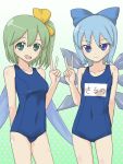  2girls blue_eyes blue_hair bow cirno daiyousei fairy_wings green_eyes green_hair hair_bow jack_(wkm74959) multiple_girls school_swimsuit short_hair side_ponytail swimsuit touhou v wings 