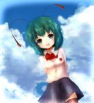  1girl :p absurdres alternate_costume amanojaku antennae arms_behind_back blue_sky blush_stickers bow cardigan clouds dutch_angle green_eyes green_hair highres ladybug looking_at_viewer short_hair skirt sky solo thigh-highs tongue touhou wriggle_nightbug 
