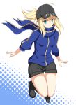  1girl ahoge baseball_cap blonde_hair blush fate/stay_night fate_(series) green_eyes hat heroine_x highres ponytail saber scarf shorts solo syou_(crecre) track_jacket 