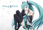  1girl aqua_eyes aqua_hair boots detached_sleeves hand_on_own_chest hatsune_miku headset long_hair necktie open_mouth skirt solo taku1122 thigh-highs thigh_boots twintails very_long_hair vocaloid 