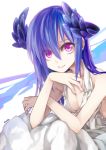  bare_shoulders blue_hair breasts cleavage horns kaida_michi original violet_eyes 