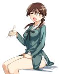  1girl blush bow brown_eyes brown_hair gertrud_barkhorn hair_bow long_hair long_sleeves michairu military military_uniform open_mouth panties rough sitting solo strike_witches twintails underwear uniform wink 