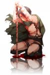  1boy belt black_hair blood blood_on_face boots cape hands_on_hilt itou_(mogura) jacket kneeling planted_sword planted_weapon pool_of_blood red_eyes reflective_floor rivaille shingeki_no_kyojin short_hair simple_background solo sword thigh_strap weapon 
