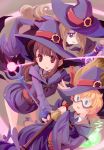  3girls akko_kagari blue_eyes bottle broom brown_eyes brown_hair freckles glasses hat little_witch_academia long_hair lotte_yanson multiple_girls orange_hair rudorufu short_hair sucy_manbabalan violet_eyes wand wide_sleeves witch_hat 