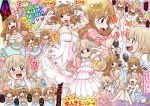  2girls :3 blonde_hair brown_eyes brown_hair candy chibi dress futaba_anzu hair_ornament heart high_five idolmaster idolmaster_cinderella_girls long_hair microphone moroboshi_kirari multiple_girls open_mouth plush_toy smile star sweat t-shirt translation_request twintails 