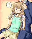  ! 1boy 1girl blush brown_eyes brown_hair dropping flower formal futaba_anzu hair_flower hair_ornament hair_ribbon hand_on_head head_out_of_frame idolmaster idolmaster_cinderella_girls long_hair necktie on_lap parted_lips producer_(idolmaster) ribbon sitting size_difference skirt suit 