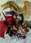  cloak dragon earrings highres hood jewelry pants pixiv_fantasia pixiv_fantasia_new_world pointy_ears polearm ponytail purple_hair redhead roma scales smile spear teeth weapon wings 