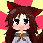  1girl :3 :d animal_ears bare_shoulders blush brooch brown_hair dress fang imaizumi_kagerou jewelry long_hair long_sleeves open_mouth red_eyes smile solo tail touhou twumi very_long_hair wolf_ears 