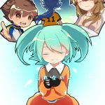  1girl 2boys blue_hair brown_eyes brown_hair closed_eyes fei_rune fingerless_gloves fusion gloves green_hair inazuma_eleven_(series) inazuma_eleven_go inazuma_eleven_go_chrono_stone long_hair matsukaze_tenma multiple_boys nanobana_kinako oiuio open_mouth raimon smile soccer_uniform track_jacket 