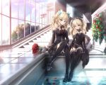  2girls black_legwear blonde_hair blue_eyes blush boku_wa_tomodachi_ga_sukunai gothic_lolita hasegawa_kobato headdress heterochromia kashiwazaki_sena lolita_fashion long_hair multiple_girls open_mouth plant red_eyes shoes sitting smile stairs thigh-highs twintails wingheart 