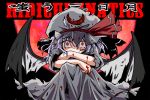  1girl bat_wings blood blood_on_face bloody_clothes blue_hair crescent hat moon pointy_ears red_eyes red_moon remilia_scarlet sitting skirt solo torn_clothes touhou translation_request ugatsu_matsuki wings 