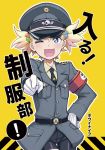  +_+ armband belt bike_shorts blonde_hair blue_eyes bowieknife foreshortening gloves hair_bobbles hair_ornament hand_on_hip hat military military_uniform original peaked_cap pointing short_twintails smile twintails uniform wink 