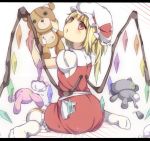  1girl :o baron_(x5qgeh) blonde_hair flandre_scarlet hat letterboxed looking_back red_eyes short_hair side_ponytail sitting skirt skirt_set solo stuffed_animal stuffed_bunny stuffed_cat stuffed_toy stuffing teddy_bear thigh-highs touhou wariza white_legwear wings 
