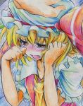  1girl ascot blonde_hair blush colored_pencil_(medium) commentary crying flandre_scarlet frills hand_on_head hat hat_ribbon highres kitaziman open_mouth red_eyes ribbon short_hair solo_focus tears touhou traditional_media wiping_tears 