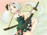  1girl green_eyes hairband highres konpaku_youmu konpaku_youmu_(ghost) lip-mil mouth_hold scabbard sheath sheathed short_hair silver_hair skirt skirt_set solo sword touhou weapon 