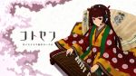  1girl black_hair cherry_blossoms flower fuyube_gin_(huyube) hair_ornament headset instrument japanese_clothes koto_(instrument) layered_dress long_hair original playing_instrument red_eyes sitting smile solo 