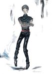  1boy amano_yoshitaka belt black_hair crossed_arms dark_skin earrings highres jewelry leather male official_art pants shirt signature solo spiky_hair vocaloid wil_(vocaloid) wristband zola_project 
