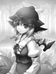  1girl animal_ears bust forest hat highres monochrome mystia_lorelei nature outdoors short_hair solo touhou tree wings you_naka 