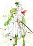  1boy 1girl ahoge alternate_form bare_shoulders boots choker dress flower formal gloves green_eyes green_hair hair_flower hair_ornament height_difference jewelry long_hair looking_at_viewer merlusa open_mouth pigeon-toed pokemon ribbon shaymin sheath sheathed smile standing suit sword very_long_hair weapon 
