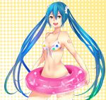  1girl :d bikini blue_hair hatsune_miku highres innertube long_hair noboes open_mouth polka_dot polka_dot_background small_breasts smile solo swimsuit twintails vocaloid 