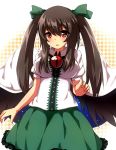  1girl alternate_hairstyle bird_wings black_wings blush breasts brown_hair cape hair_ribbon highres large_breasts long_hair looking_at_viewer moe_m open_mouth puffy_sleeves red_eyes reiuji_utsuho ribbon shirt short_sleeves skirt solo touhou twintails wings 