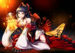  1girl black_hair breasts cleavage flower jewelry lantern long_hair matsurika_youko necklace original red_eyes smile solo thighs 