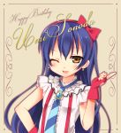  1girl blue_hair blush bow character_name fingerless_gloves gloves hair_bow hand_on_hip happy_birthday highres karaage3 long_hair love_live!_school_idol_project smile solo sonoda_umi wink yellow_eyes 