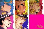  5boys bandana black_hair blonde_hair blue_eyes blue_hair brown_eyes brown_hair earrings facial_hair facial_mark gem green_eyes hairlocs hat hoop_earrings jewelry jojo_no_kimyou_na_bouken kumegumi kuujou_joutarou lipstick long_hair makeup multiple_boys mustache profile redhead robert_eo_speedwagon scar tattoo top_hat wham will_anthonio_zeppeli yellow_eyes 